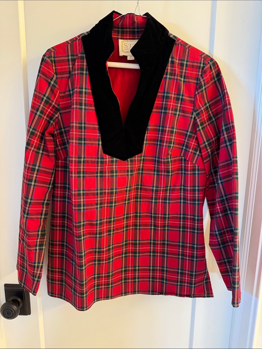 Sail to Sable Red Plaid Long Sleeve Top with Black Velvet V-Neck